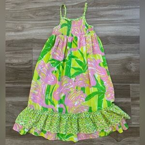 Lilly Pulitzer Pink and Green Floral Maxi dress with Ruffle Detail. Size 5T.